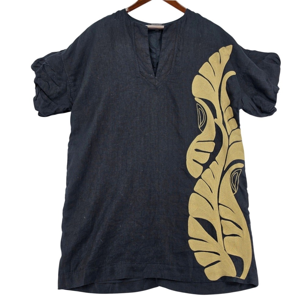 Banana‎ Republic Linen Tunic Dress L Black Embroidered Tropical Leaf Pockets